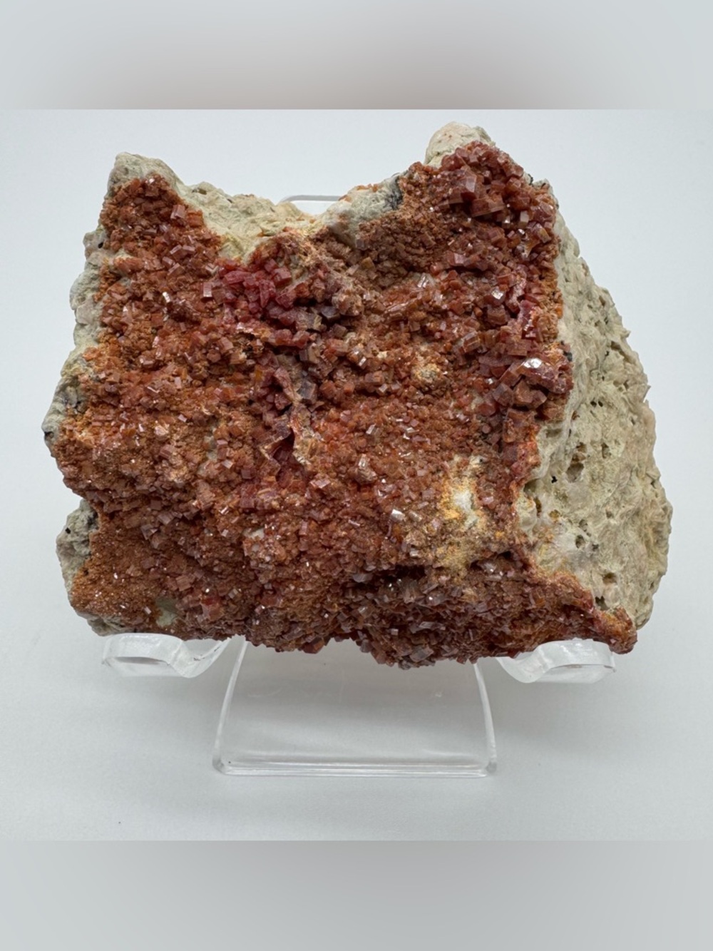 Vanadinite Crystal Cluster on Matrix Red Mineral Specimen Display